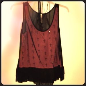 Mesh red and black crosses tank top
